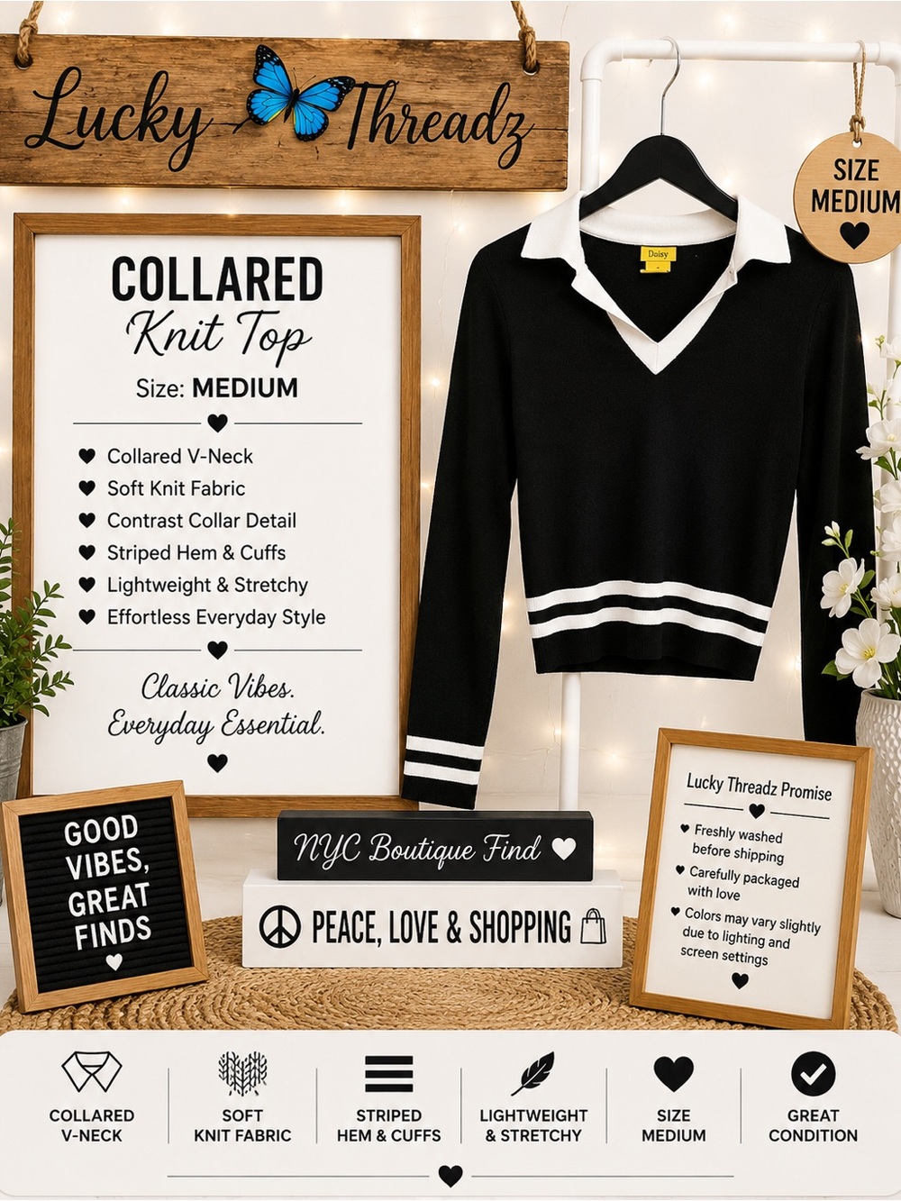 Black Collared V-Neck Knit Sweater with White Trim